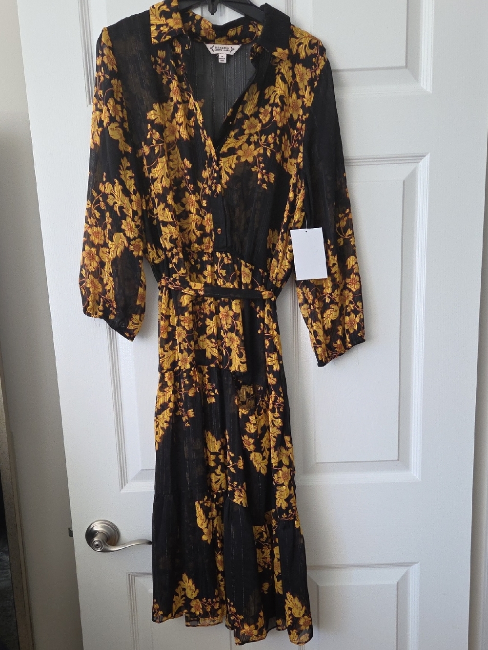 Nanette Lepore Black & Mustard Floral Wrap Midi Dress Nwt Size 8